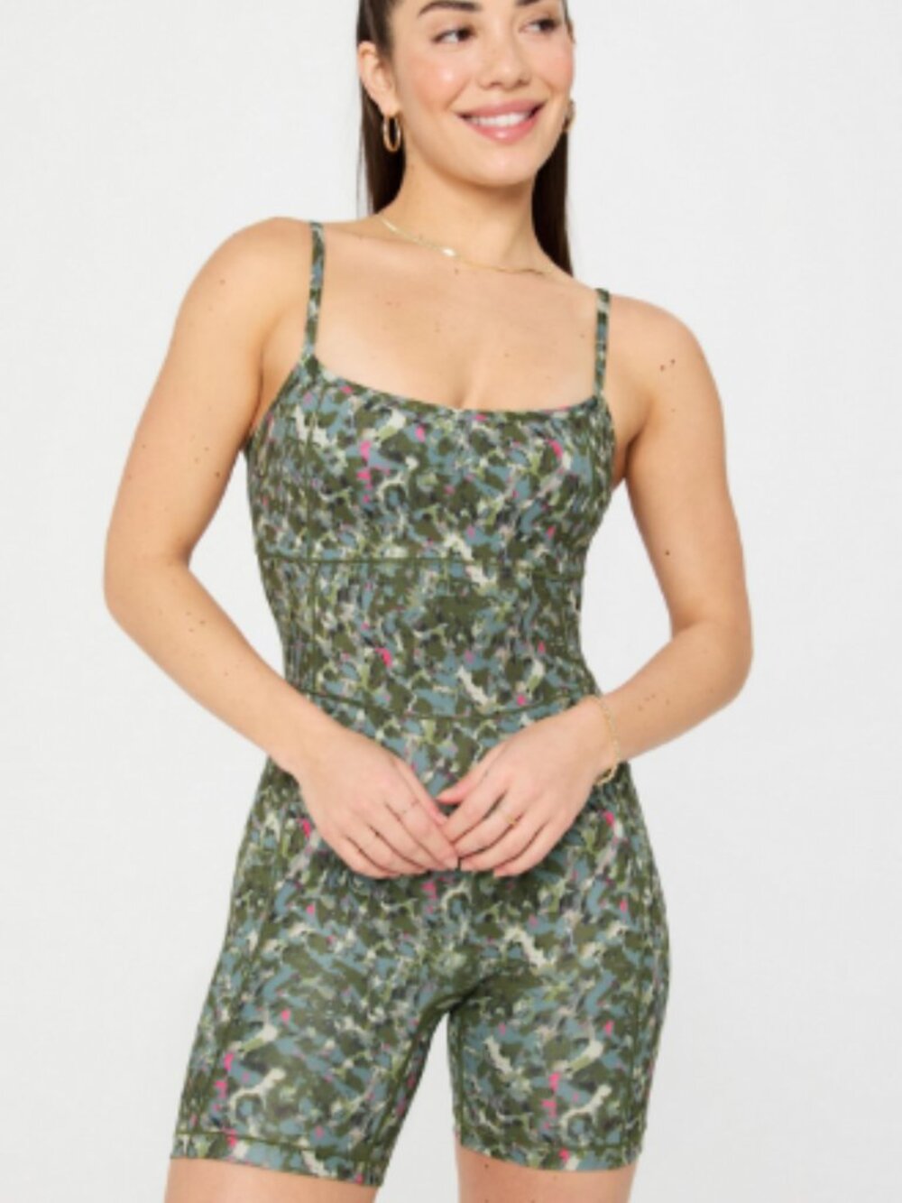 Fabletics Motion365+ Short Adjustable Jumpsuit, Cheetah Camo - Size Medium